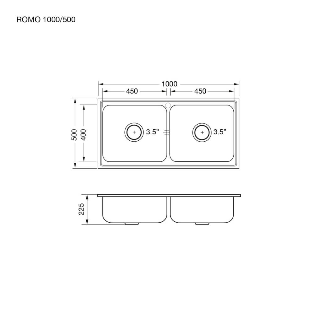ซิงค์ล้างจาน 2 หลุม สแตนเลส  EVE ROMO 1000/500 ขนาด 1 ม.