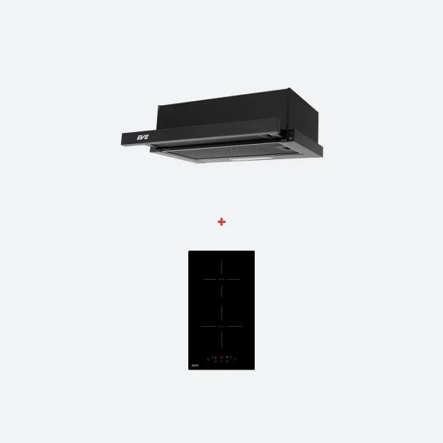ชุดเซต เตาฝังแม่เหล็กไฟฟ้า 2 หัว+ เครื่องดูดควัน แบบฝังรางเลื่อน EVE รุ่น HB30-2IND294/TC + HS-BKT62C-60 ขนาด 60 ซม สีดำ _0