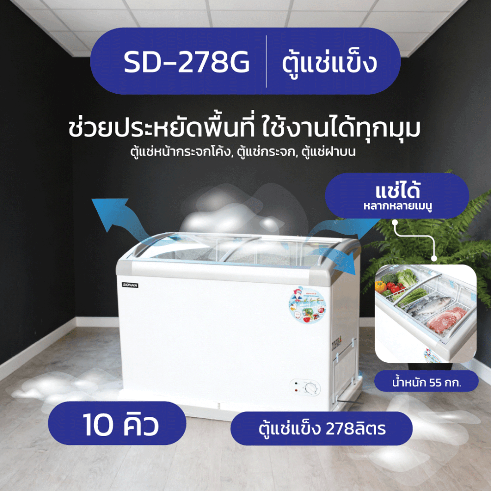 ตู้แช่แข็งฝากระจก SONAR รุ่น SD-278G ขนาด 278 ลิตร 10 คิว สีขาว