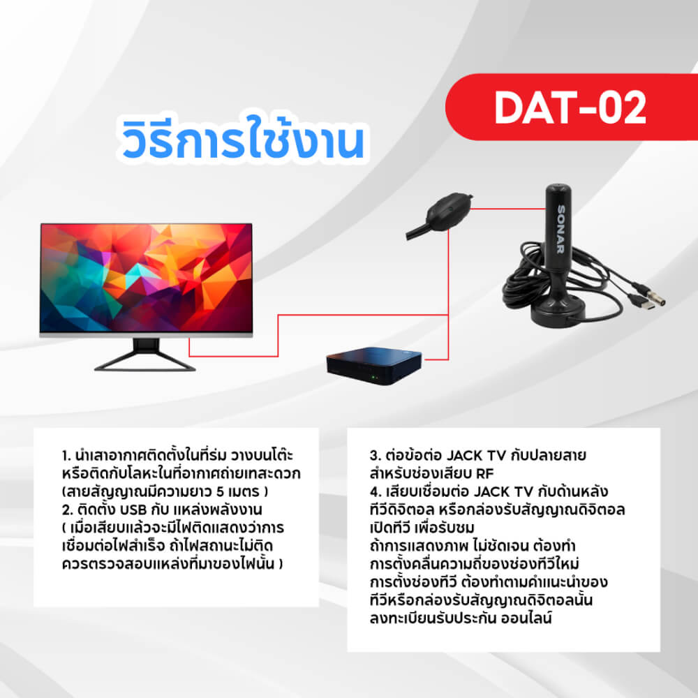 เสาทีวีดิจิตอล เสาอากาศ ดิจิตอลทีวี ภายในบ้าน ติดตั้งง่าย SONAR รุ่น DAT-02