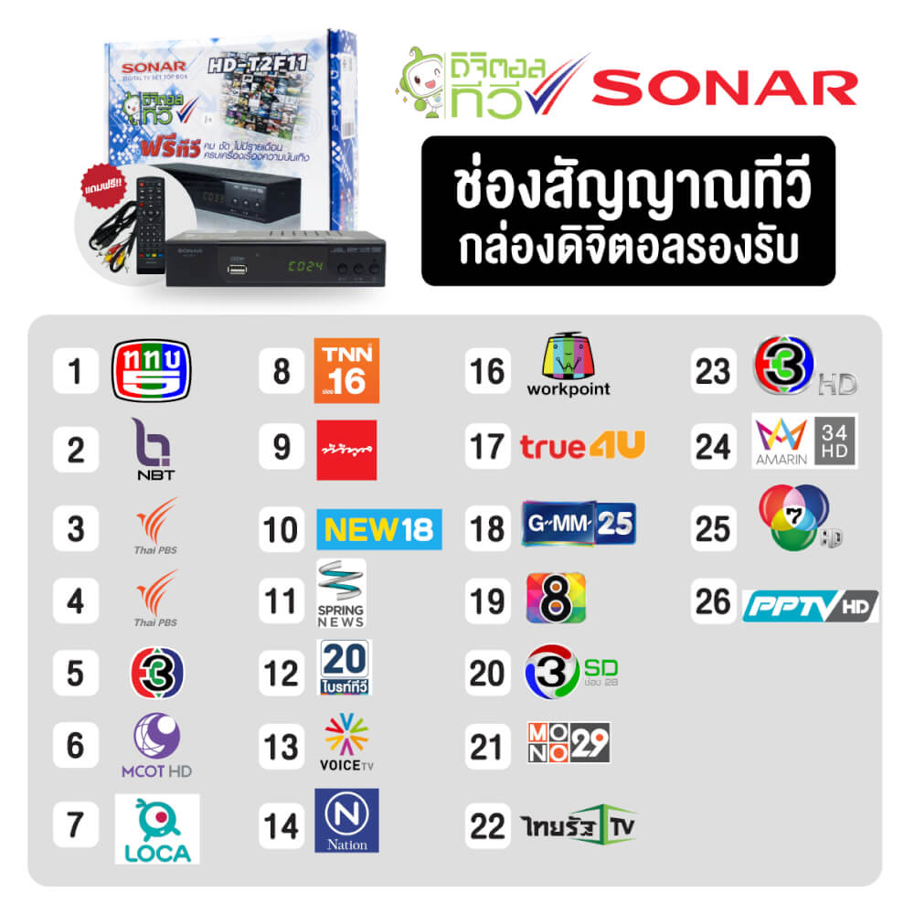 กล่องรับสัญญาณดิจิตอลทีวี  SONAR รุ่น HD-T2F11  รองรับ HDMI FullHD สายAV