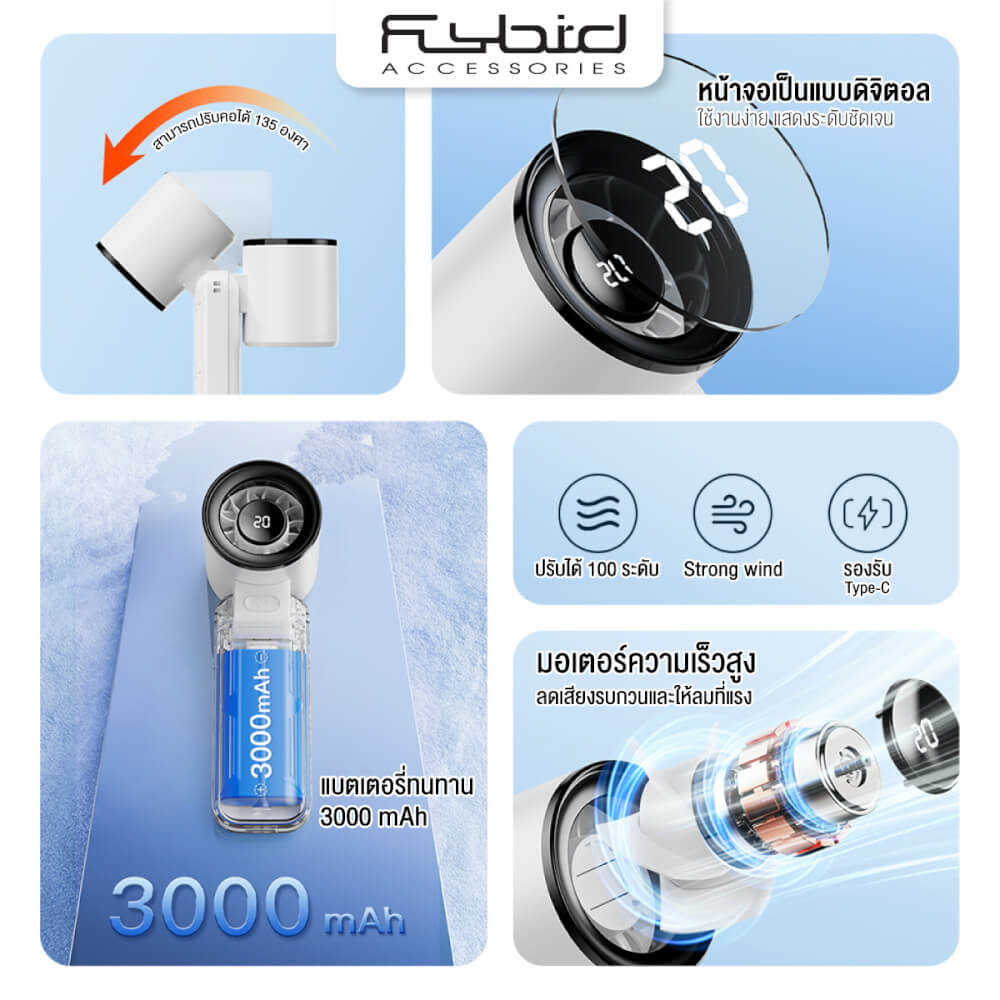 พัดลมพกพา SONAR FLYBIRD รุ่น RD18 แบตเตอรี่ 3000mAh ลมแรง 5 สปีด สีฟ้า_6