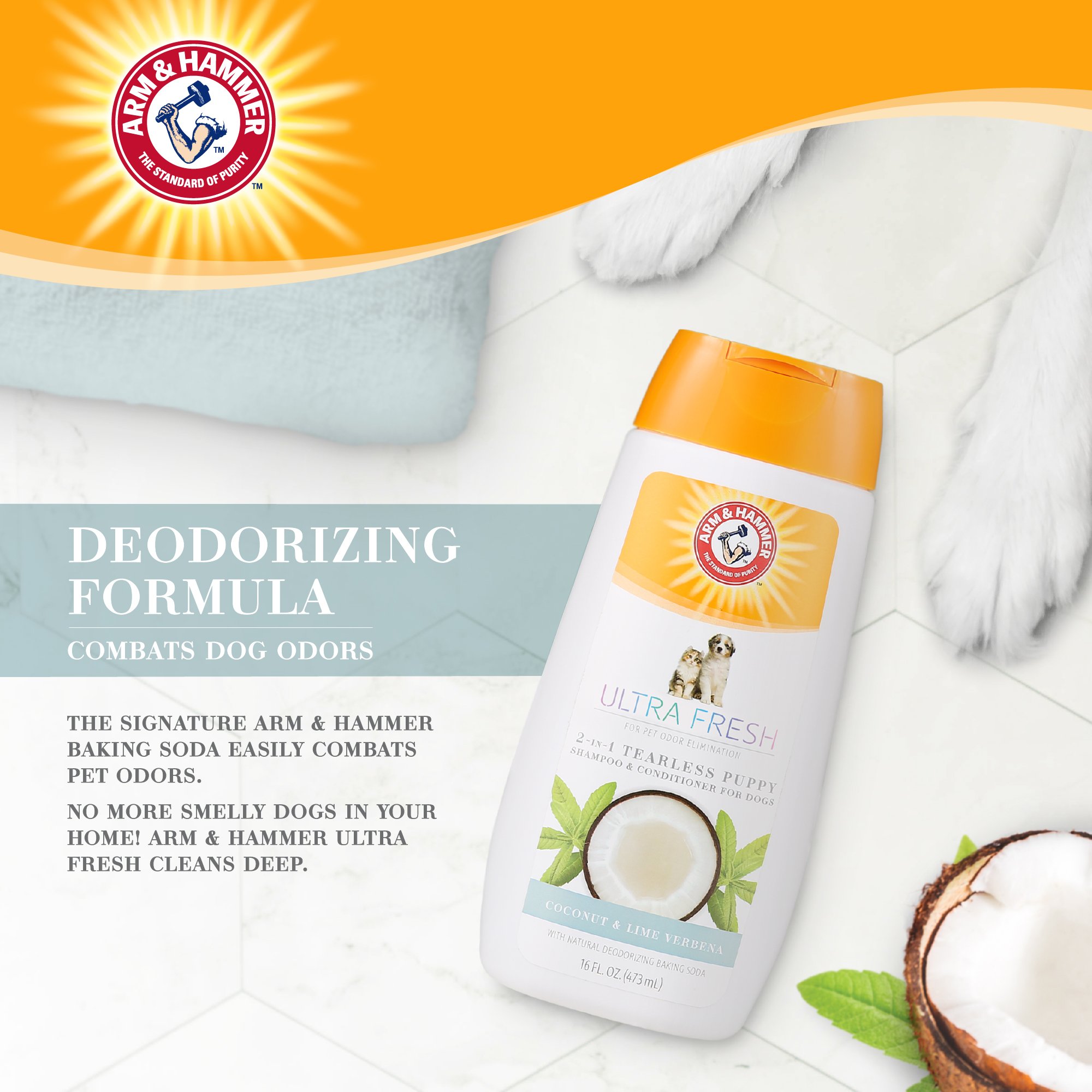 แชมพูลูกสุนัข ARM AND HAMMER ULTRA FRESH 2 IN 1 DETANGLING สูตรผสมครีมนวด กลิ่นมะพร้าว ไลม์ และดอกเวอร์บีนา 473 มล._4
