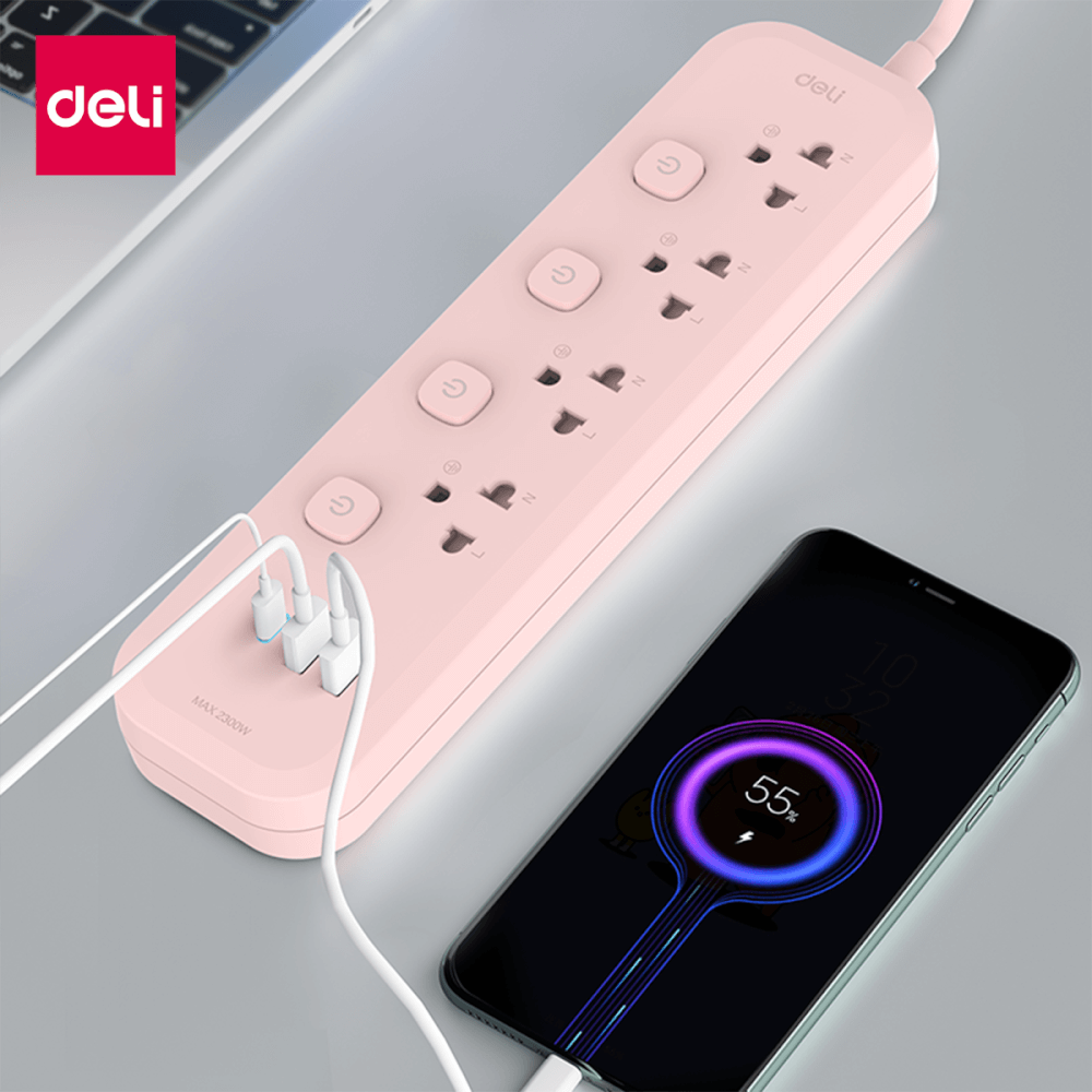 รางปลั๊กไฟ 3 ช่อง 2USB 1TypeC Deli CT493-PK-01 ความยาวสาย 3 เมตร