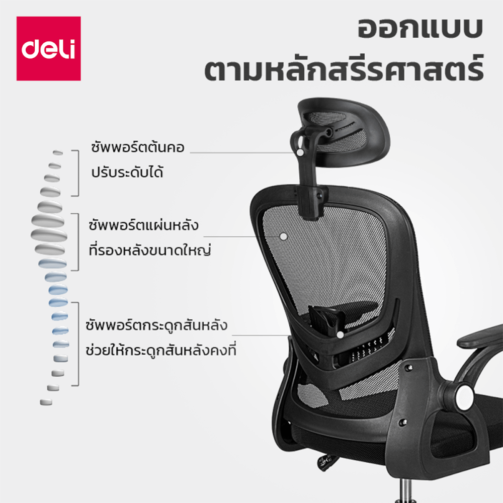 เก้าอี้สำนักงาน DELI E4954-BK-01 ปรับที่วางแขนได้ 90&deg; สีดำ