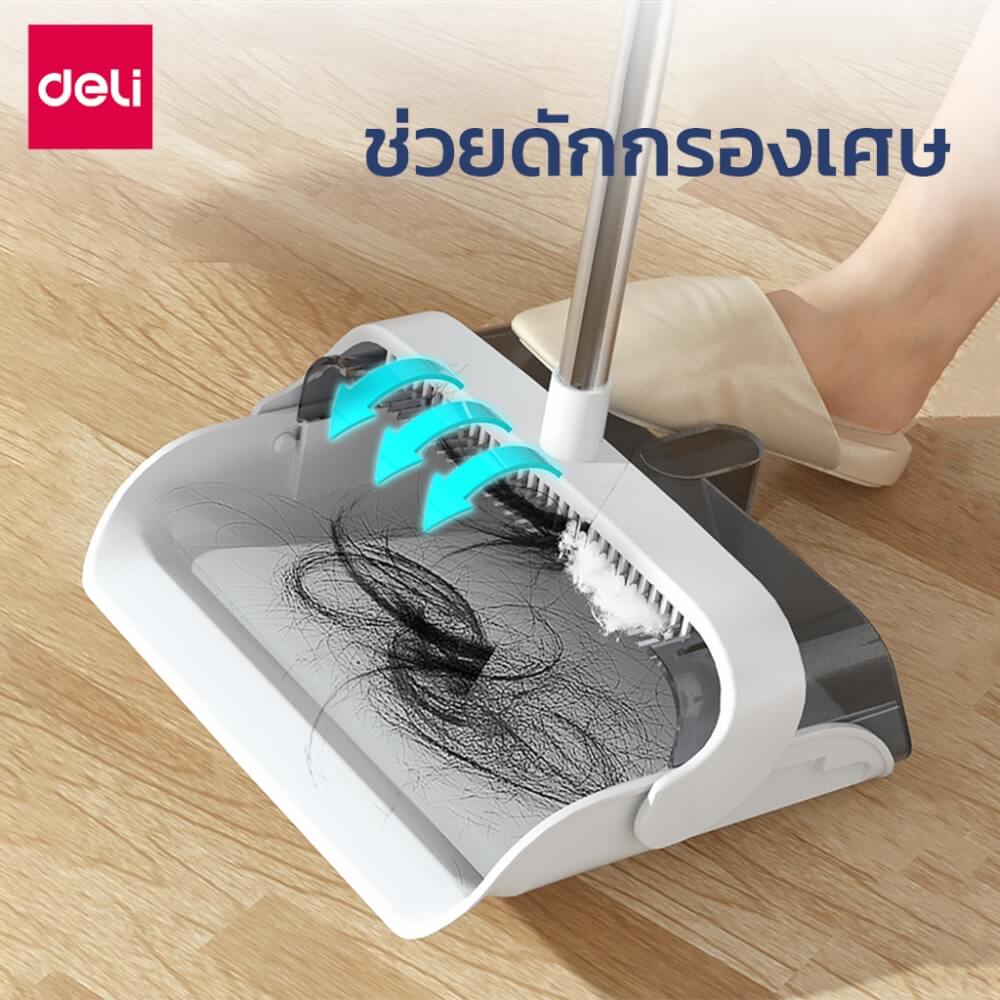 ชุดไม้กวาดพร้อมที่โกยผง DELI VS1021-WH-01 หมุนได้ สีขาว_3