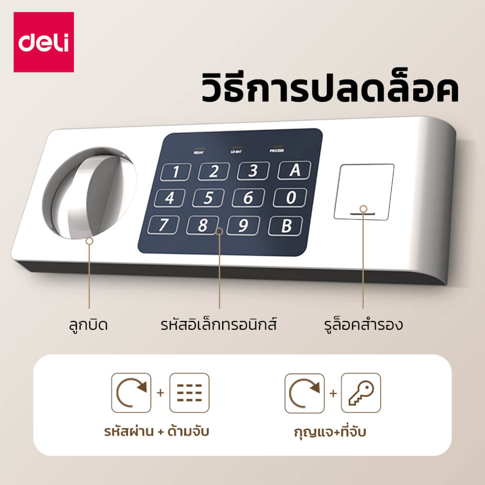 ตู้เซฟนิรภัย DELI ET523-BK-01 ขนาด 30X38X30 ซม, 10กก สีดำ