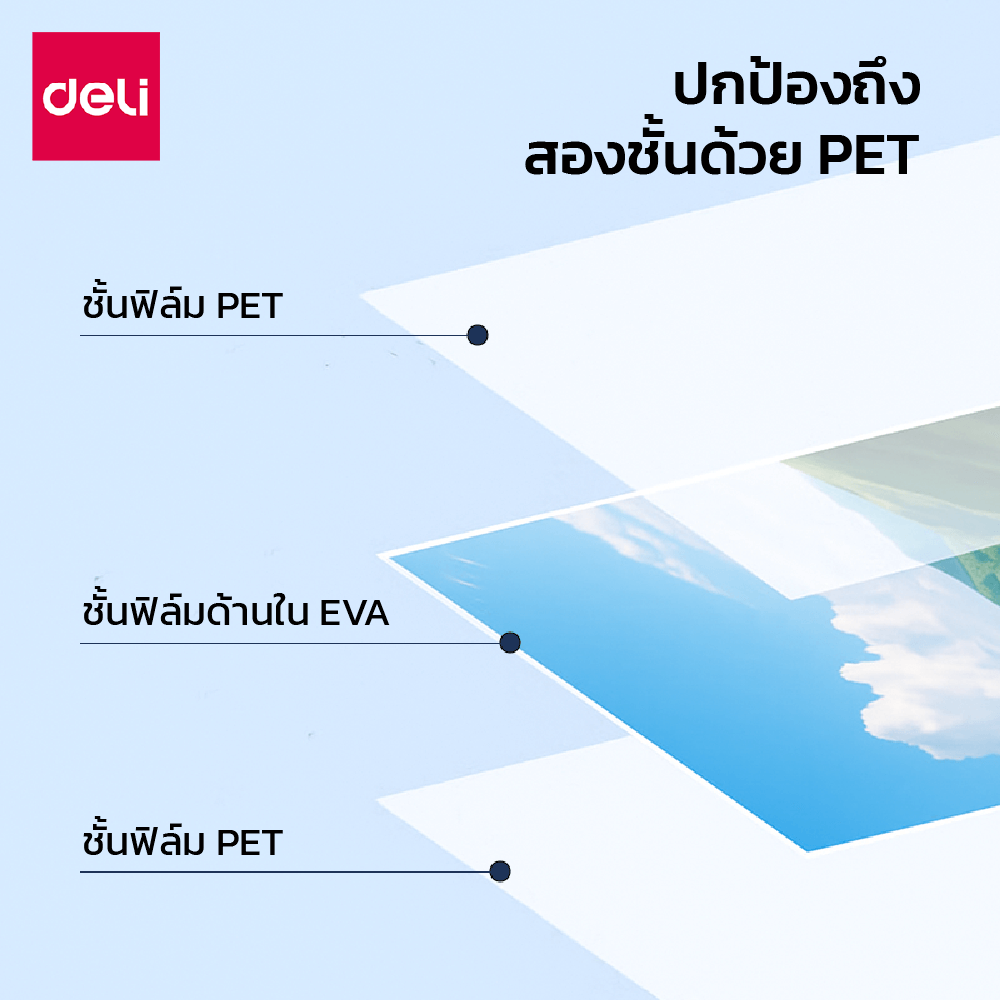 พลาสติกเคลือบบัตร DELI ET174-TP-01 100MIC A4 สีใส (100 แผ่น/กล่อง)