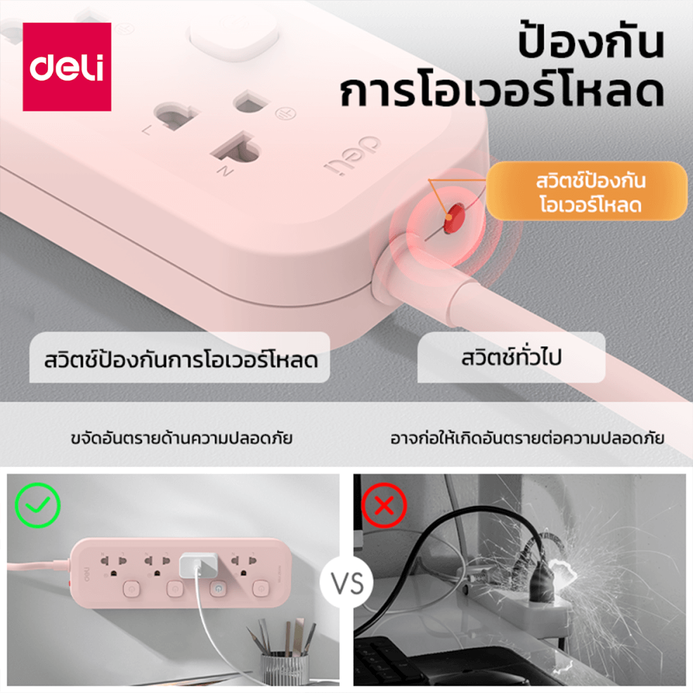 รางปลั๊กไฟ 3ช่อง 3M 3สวิตซ์ Deli CT487-PK-01 สีชมพู