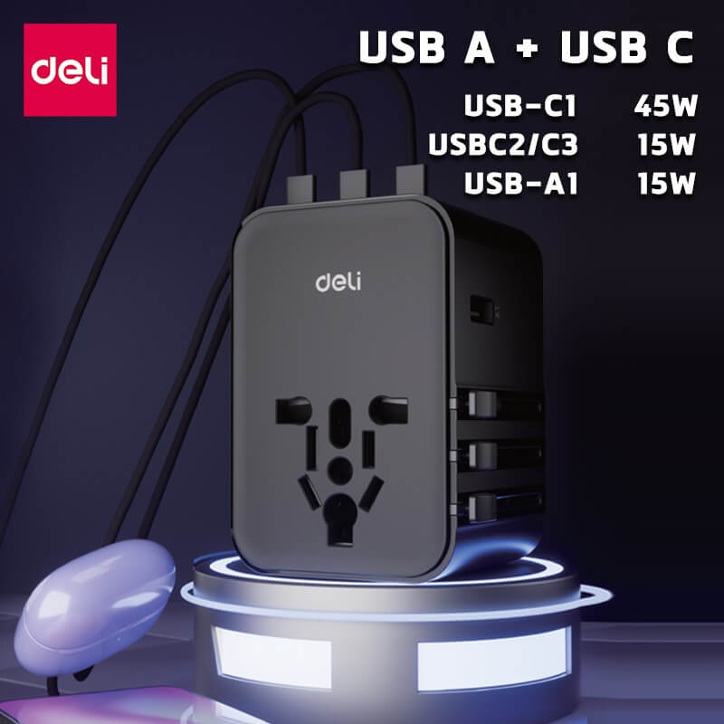 หัวแปลงปลั๊กไฟ DELI ET767-BK-01 สีดำ 2A3C-45W