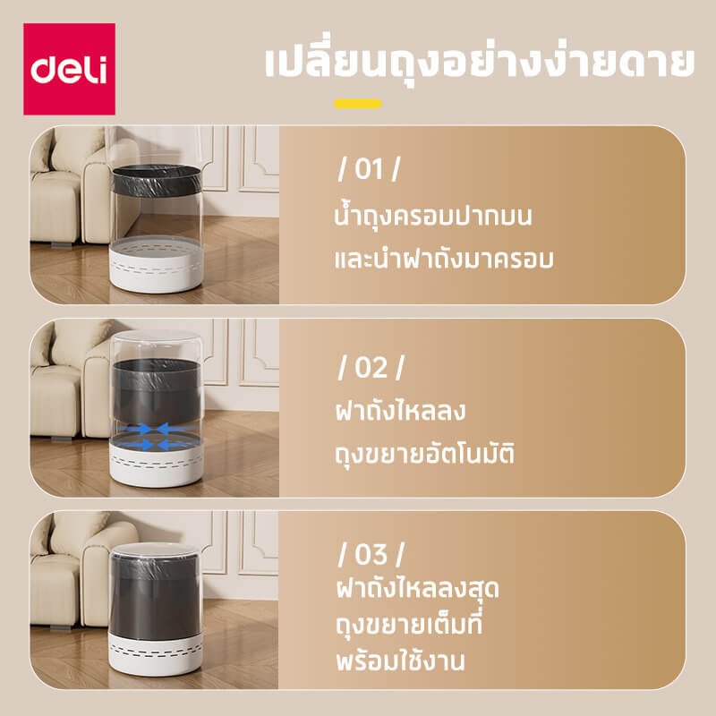 ถังขยะแบบฝากด DELI VS1127-WH-01 สีขาว ขนาด 25X25X31 CM