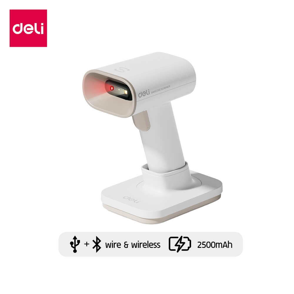 เครื่องสแกนบาร์โค้ด DELI ES228WB-WH-01 ไร้สายพร้อมฐาน สีขาว