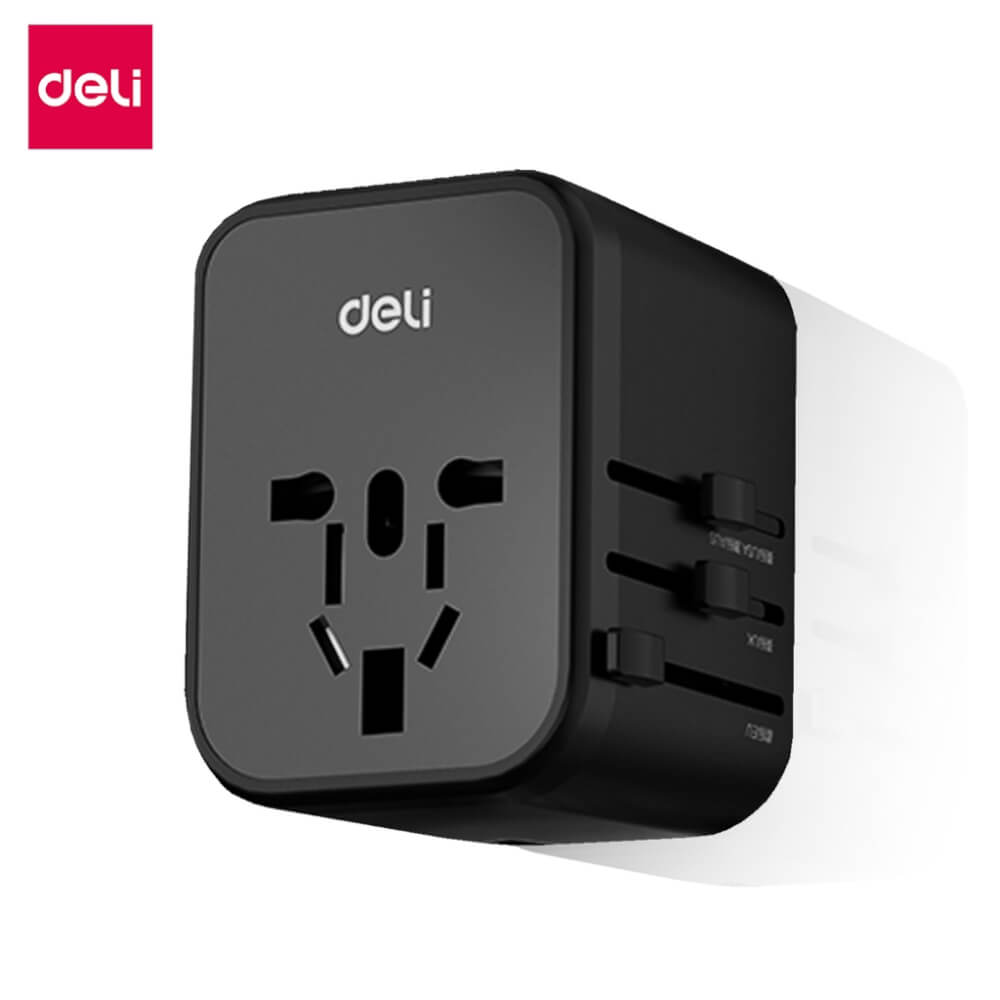 หัวแปลงปลั๊กไฟ DELI ET766-BK-01 สีดำ 1A2C-25W