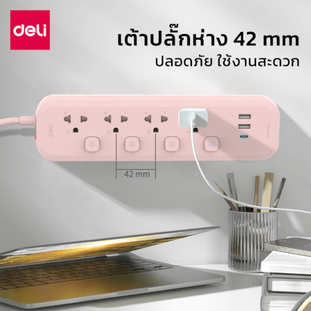 รางปลั๊กไฟ 3 ช่อง 2USB 1TypeC Deli CT493-PK-01 ความยาวสาย 3 เมตร_4