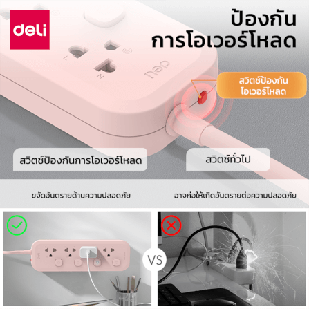 รางปลั๊กไฟ 3ช่อง 3M 3สวิตซ์ Deli CT487-PK-01 สีชมพู_5