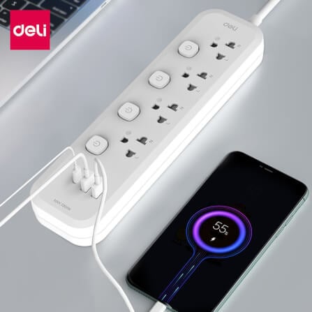 รางปลั๊กไฟ 4ช่อง 2USB 1TypeC Deli CT477-WH-01 ความยาวสาย 3 เมตร สีขาว_7