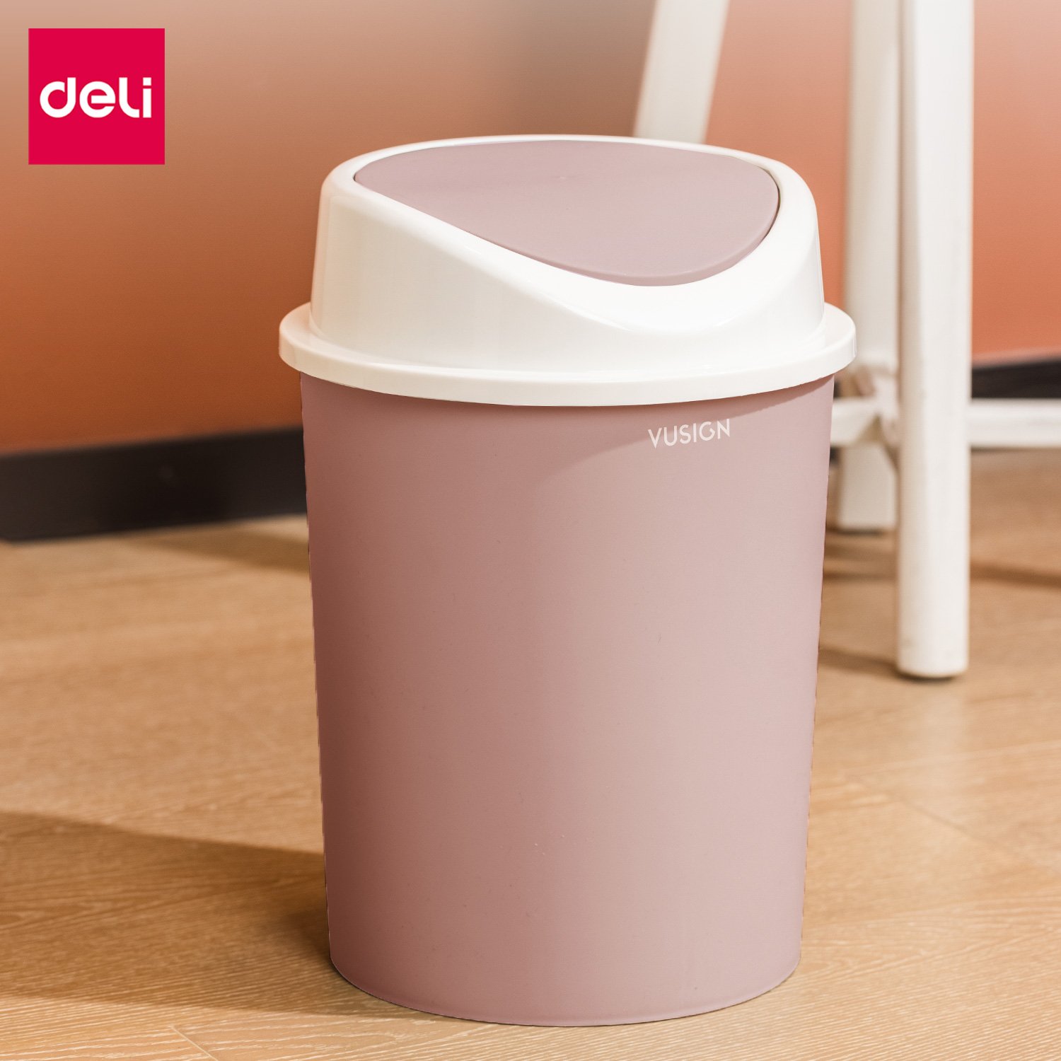 ถังขยะพลาสติกทรงกลม Deli VS1106-PK-01 สีชมพู ขนาด 25x31.5 cm._1