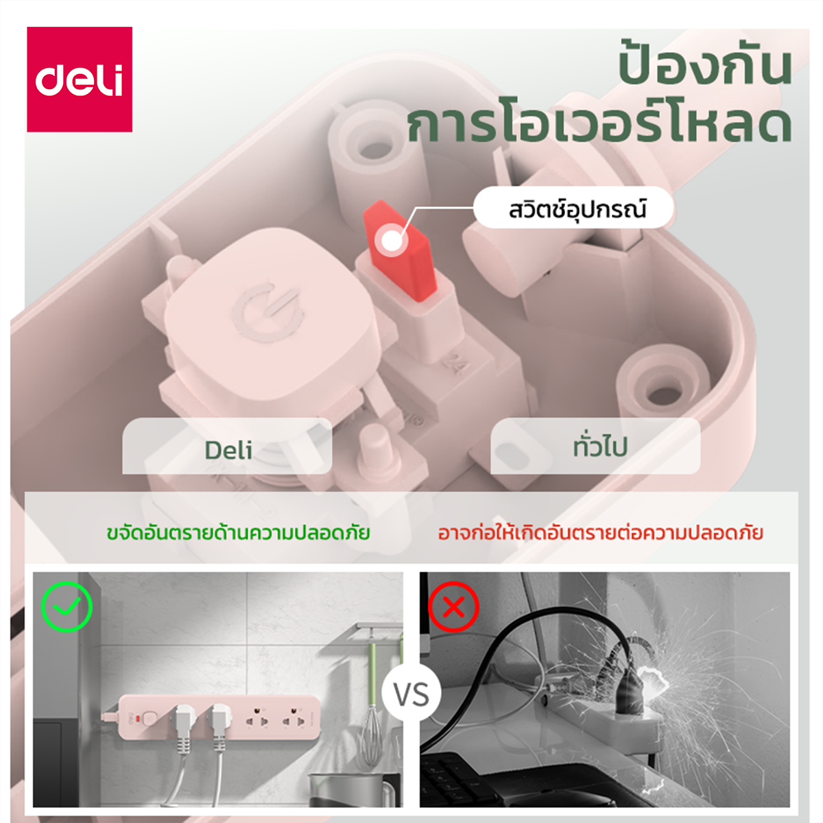 รางปลั๊กไฟ 3ช่อง 3M 1สวิตซ์ Deli CT481-PK-01 สีชมพู_5