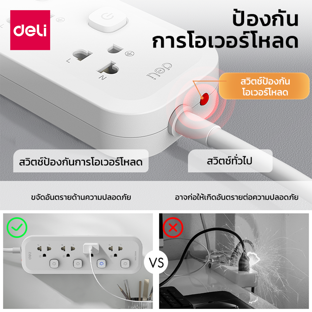 รางปลั๊กไฟ 3ช่อง 3M 3สวิตซ์ Deli CT486-GR-01 สีเทาอ่อน_5