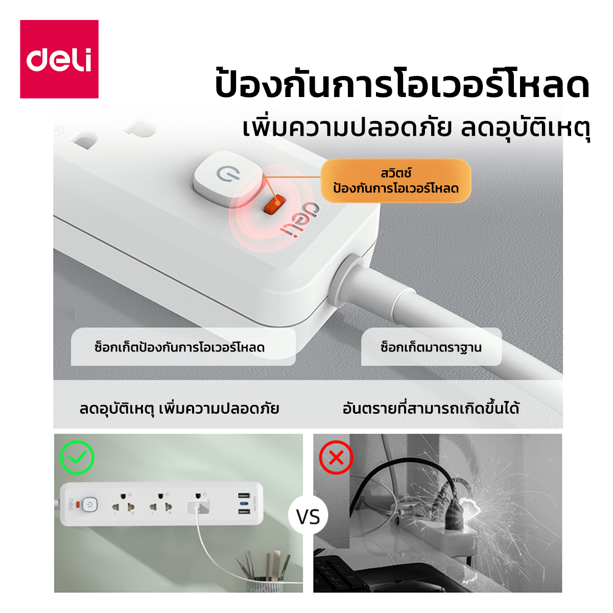 ปลั๊กไฟสามตา 4ช่อง 2USB 1TypeC 5M Deli CT500-WH-01 สีขาว_6