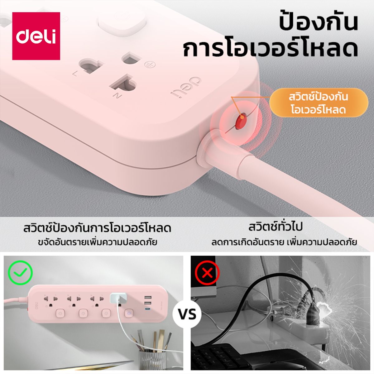 รางปลั๊กไฟ 4 ช่อง 2USB 1TypeC Deli CT496-PK-01 ความยาวสาย 3 เมตร_7