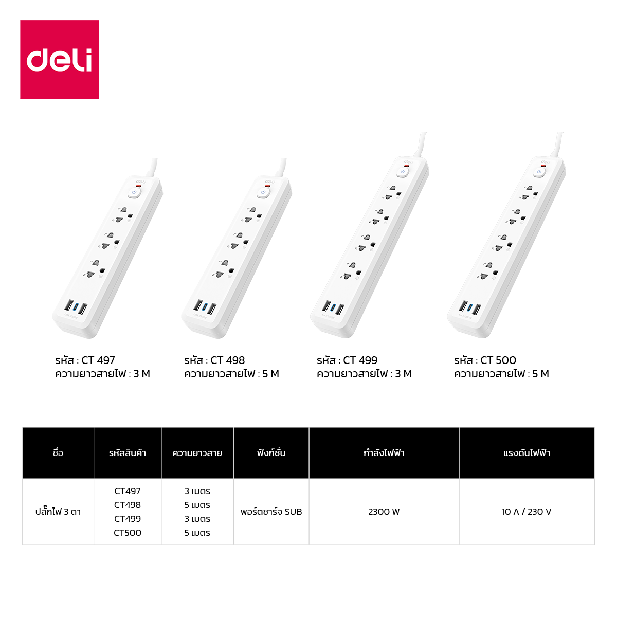 ปลั๊กไฟสามตา 4ช่อง 2USB 1TypeC 5M Deli CT500-WH-01 สีขาว_8