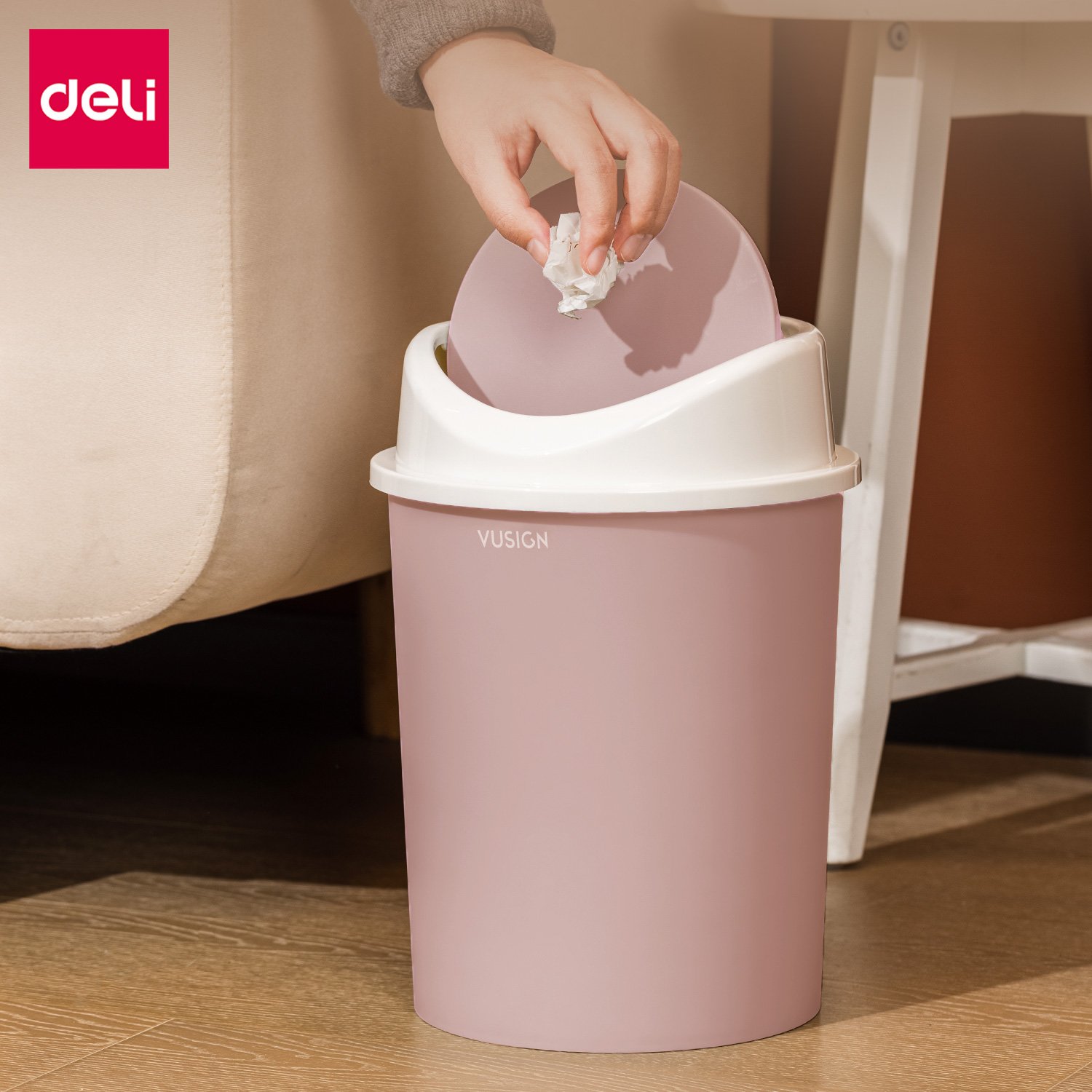 ถังขยะพลาสติกทรงกลม Deli VS1106-PK-01 สีชมพู ขนาด 25x31.5 cm._7