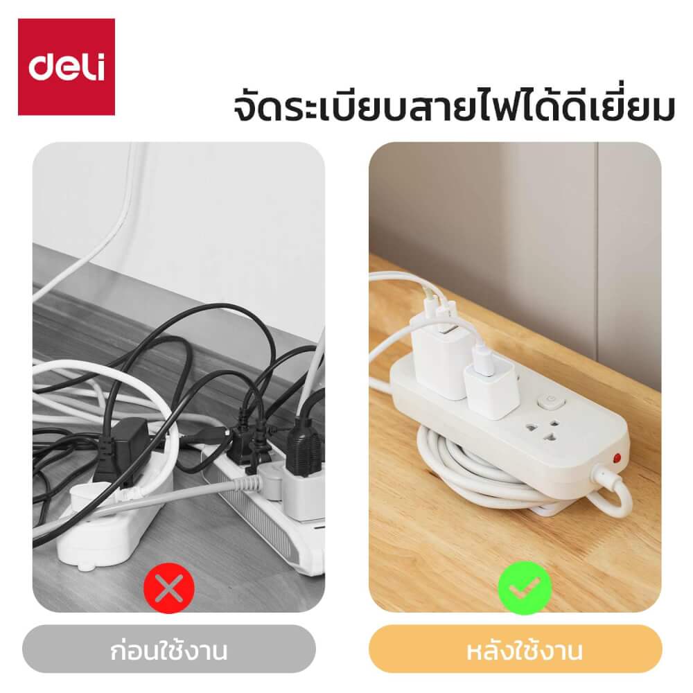 ที่เก็บสายปลั๊กไฟ ที่แขวนปลั๊กไฟติดพนัง Deli VS6206-WH-01 สีขาว