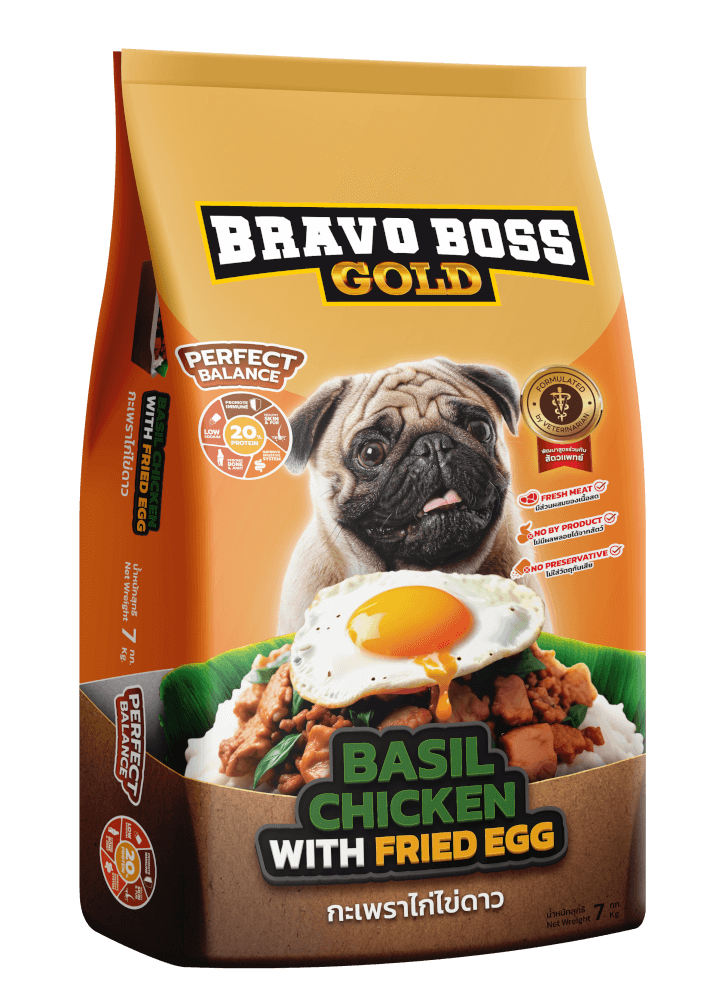 อาหารสุนัข BRAVO BOSS GOLD สไตล์สตรีตฟูด รสกะเพราไก่ไข่ดาว 7 กก.