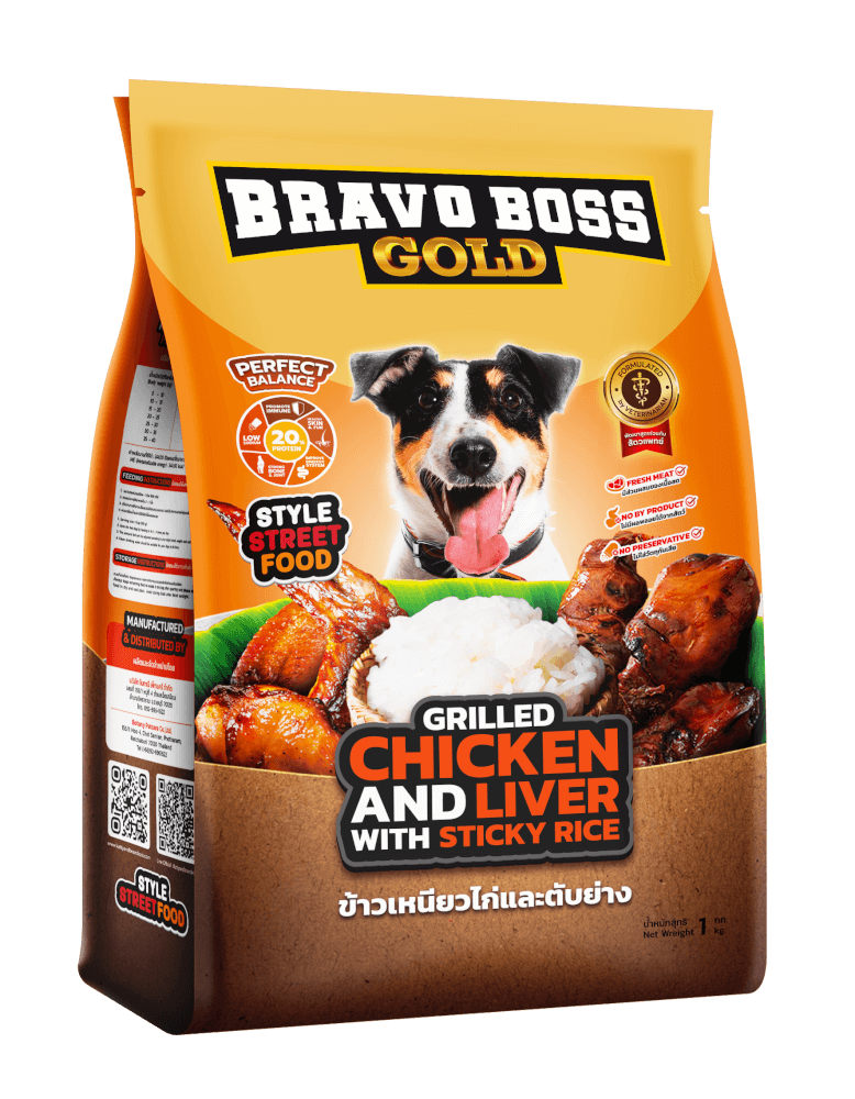 อาหารสุนัข BRAVO BOSS GOLD สไตล์สตรีตฟูด รสข้าวเหนียวไก่และตับย่าง 1 กก._1