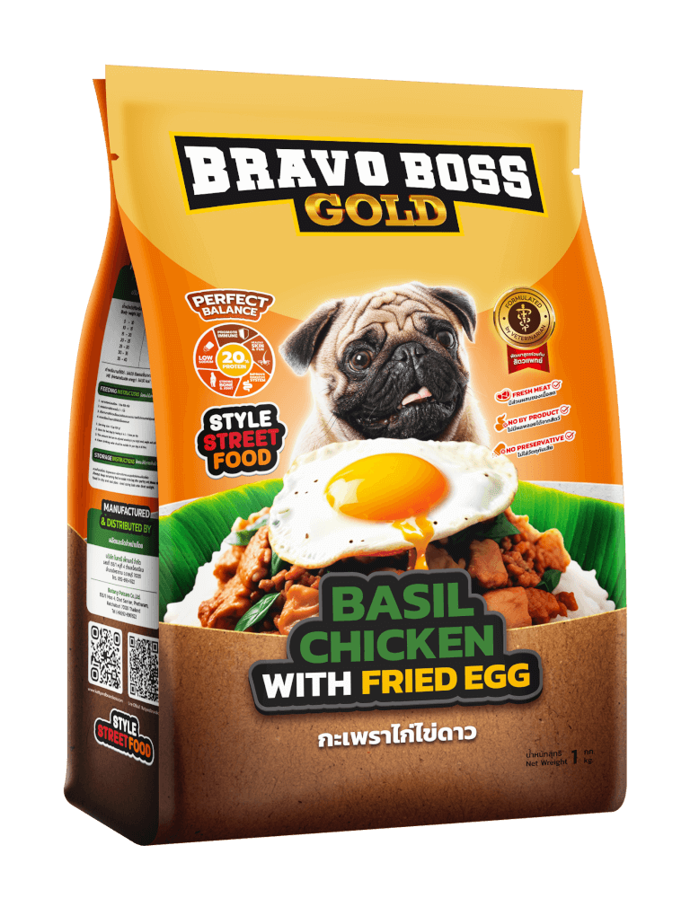 อาหารสุนัข BRAVO BOSS GOLD สไตล์สตรีตฟูด รสกะเพราไก่ไข่ดาว 1 กก.