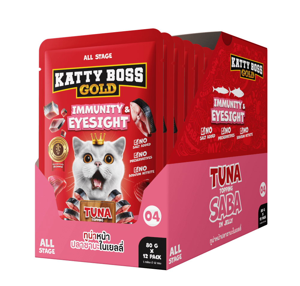 อาหารเปียกแมว KATTY BOSS GOLD สูตรเสริมสร้างภูมิคุ้มกัน & บำรุงสายตา 80 กรัม (x12)