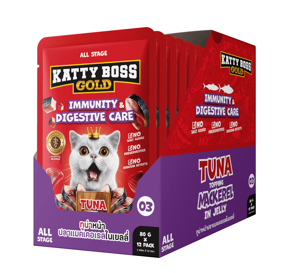 อาหารเปียกแมว KATTY BOSS GOLD สูตรเสริมสร้างภูมิคุ้มกัน & ดูแลระบบทางเดินอาหาร 80 กรัม (x12)
