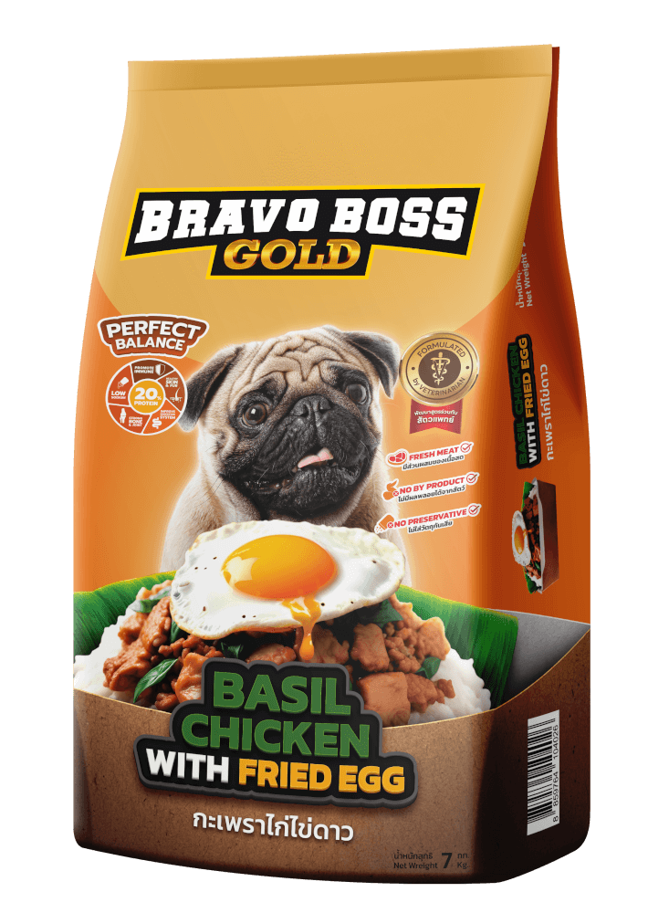 อาหารสุนัข BRAVO BOSS GOLD สไตล์สตรีตฟูด รสกะเพราไก่ไข่ดาว 7 กก.
