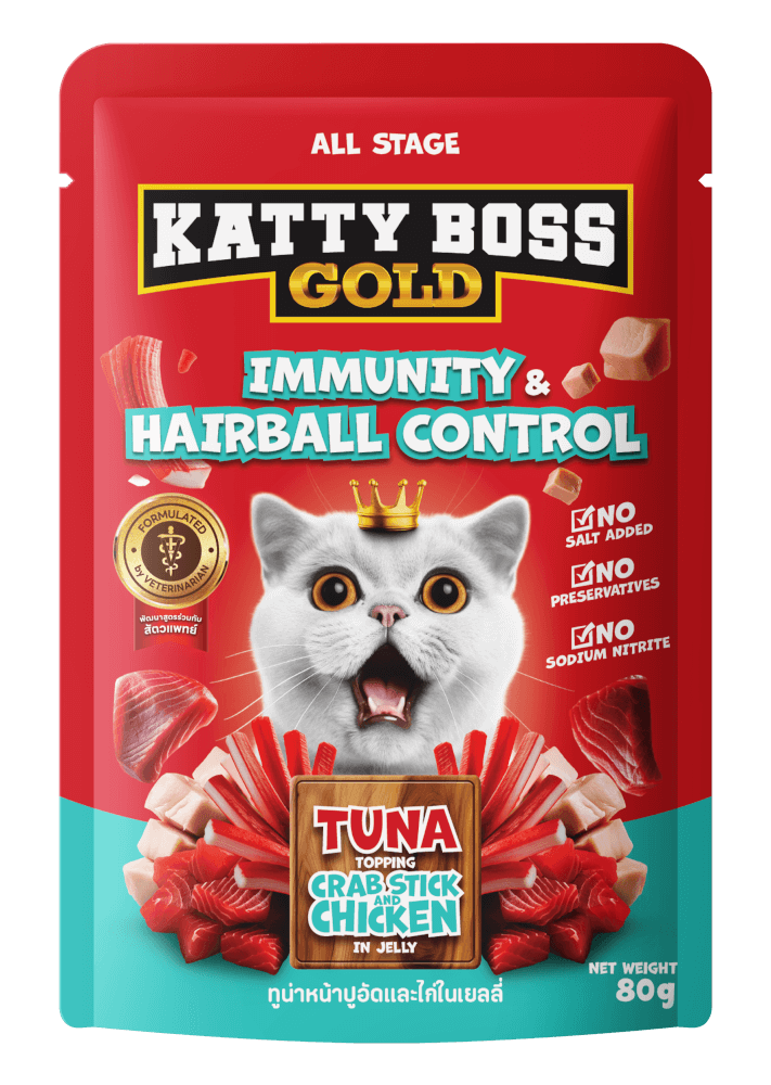 อาหารเปียกแมว KATTY BOSS GOLD สูตรเสริมสร้างภูมิคุ้มกัน & ลดการเกิดก้อนขน 80 กรัม (x12)