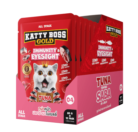 อาหารเปียกแมว KATTY BOSS GOLD สูตรเสริมสร้างภูมิคุ้มกัน & บำรุงสายตา 80 กรัม (x12)_0