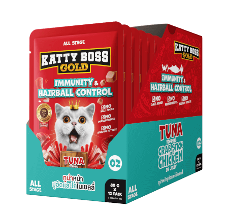 อาหารเปียกแมว KATTY BOSS GOLD สูตรเสริมสร้างภูมิคุ้มกัน & ลดการเกิดก้อนขน 80 กรัม (x12)_2