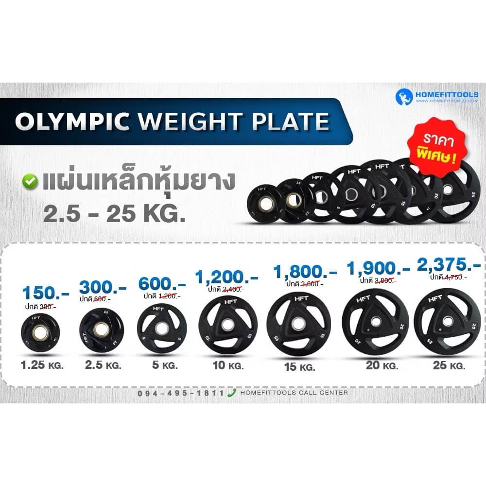 แผ่นน้ำหนัก โอลิมปิค 2 นิ้ว Homefittools 10 kg 1 แผ่น