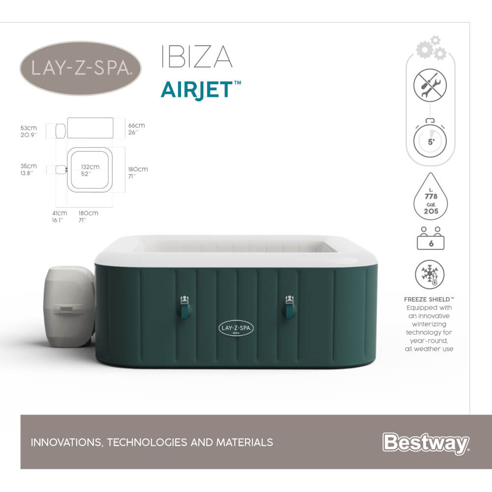 อ่างน้ำจากุซซี่ BESTWAY LAY-Z SPA Ibiza AirJet สปา ขนาด 71" x 71" x 26"