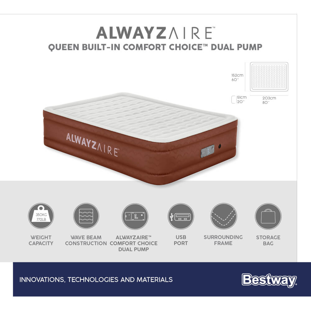 ที่นอนเป่าลม Bestway AlwayzAire Fortech Airbed Queen Built-in Comfort Pump 2.03m x 1.52m x 51cm