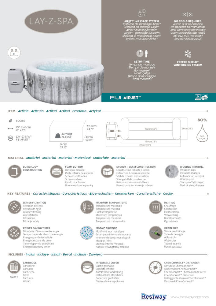 สปาเป่าลม Lay-Z-Spa® Bestway Fiji AirJet ขนาด 1.80m x 1.80m x 66cm