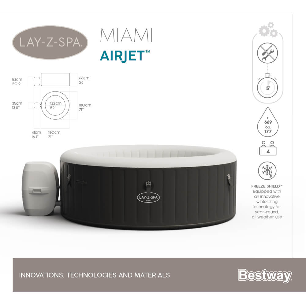 สปาเป่าลม Lay-Z-Spa® Bestway Miami AirJet ขนาด 1.80m x 1.80m x 66cm