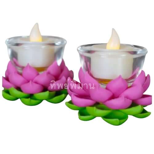 เชิงเทียนดอกบัวLED Tippimaan ดอกบัวดินปั้น สีชมพู เทียนLED 1คู่_4