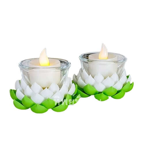 เชิงเทียนดอกบัวLED Tippimaan ดอกบัวดินปั้น สีขาว เทียนLED 1คู่_4