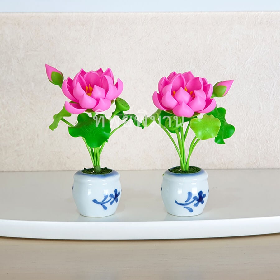 ชุดแจกันดอกบัวหลวงสีชมพู Tippimaan งานแฮนด์เมดดอกบัวดินญี่ปุ่นปั้น 1คู่/ชุด