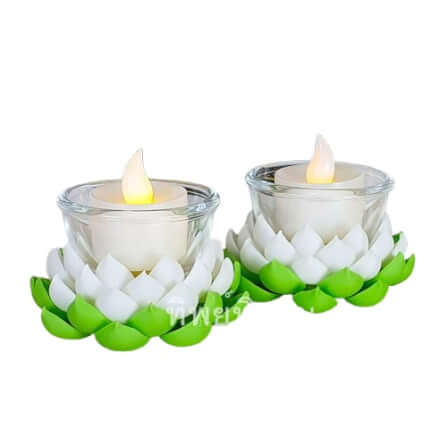 เชิงเทียนดอกบัวLED Tippimaan ดอกบัวดินปั้น สีขาว เทียนLED 1คู่_0