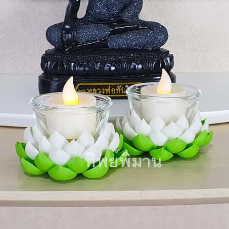 เชิงเทียนดอกบัวLED Tippimaan ดอกบัวดินปั้น สีขาว เทียนLED 1คู่_1