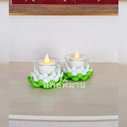 เชิงเทียนดอกบัวLED Tippimaan ดอกบัวดินปั้น สีขาว เทียนLED 1คู่_2