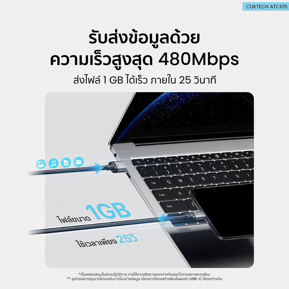 สายชาร์จเร็ว CUKTECH ATC615 สีดำ 6A 100W USB A TO C สายชาร์จ HUAWEI , HONOR ไนลอนถัก ชาร์จเร็ว ความยาว 1.5 เมตร