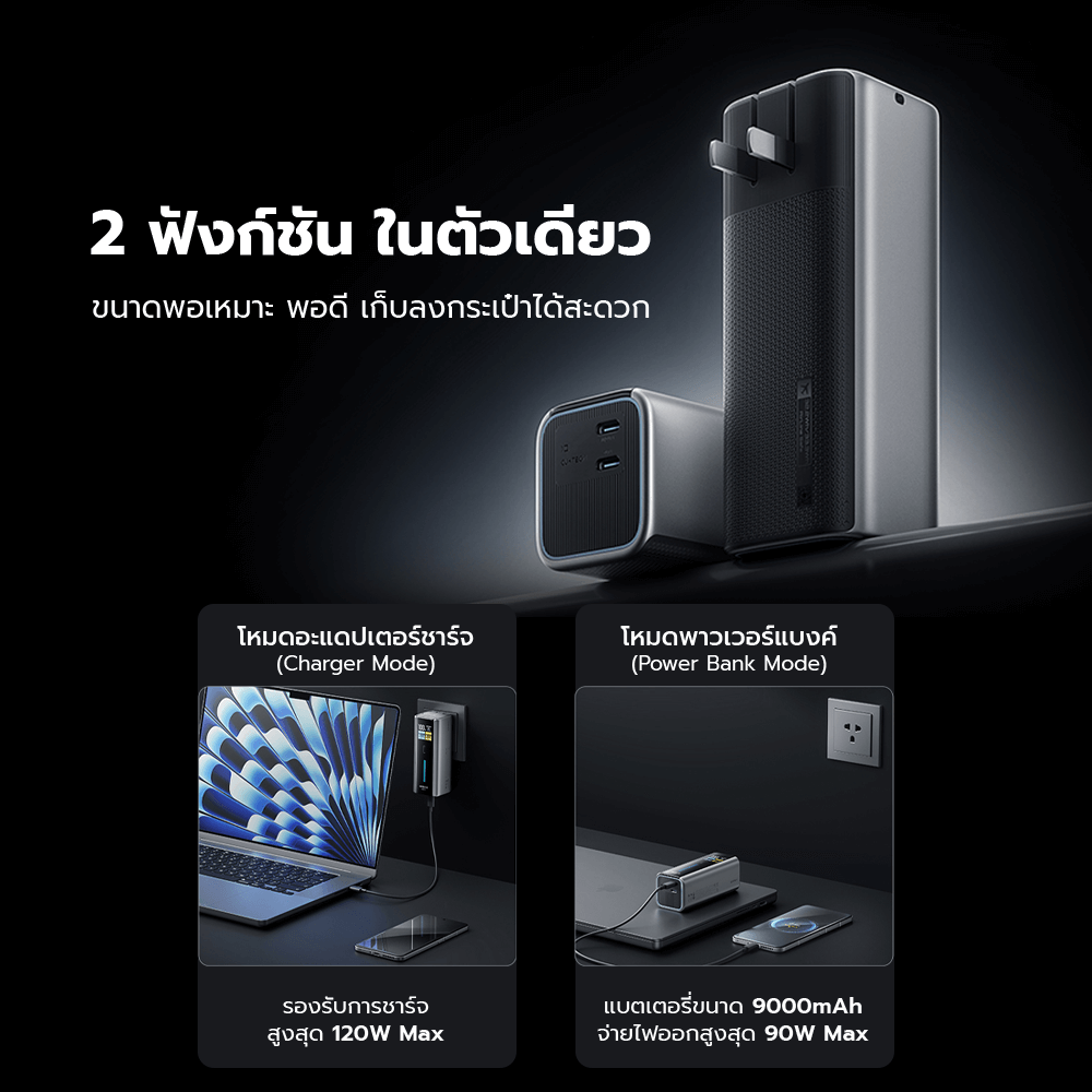 แบตสำรอง CUKTECH BA652U FUSION 2 IN 1 120W MAX สีเทา พร้อมหัวชาร์จในตัว มาตรฐาน CCC แบต 9000MAH ในตัวเดียว